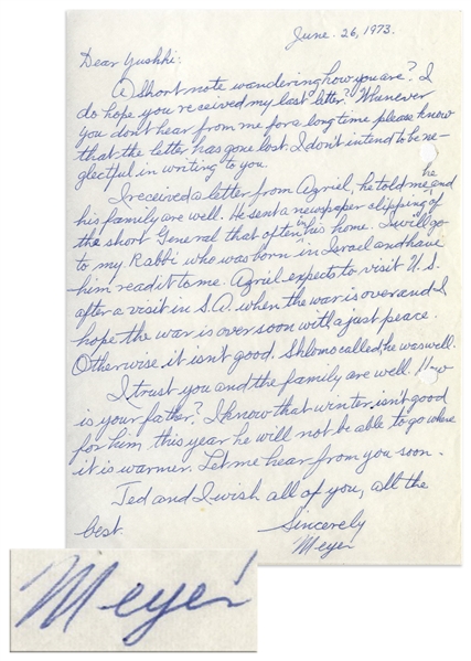 Mobster Meyer Lansky Autograph Letter Signed to Joseph Sheiner of the Israeli Security Agency, From June 1973 -- ''...I hope the war is over soon with a just peace...''